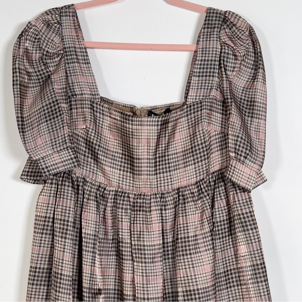 EN SAISON Plaid Organza Babydoll Mini Dress Sz L Puffy Short Sleeve - Picture 5 of 16
